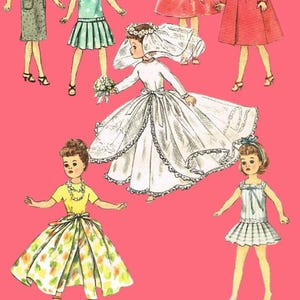 Puede incluir: Ilustración de muñecas de papel vintage con varios vestidos y un vestido de novia, sobre un fondo rosa. Las muñecas están en diferentes poses, mostrando los atuendos. También se incluyen patrones de vestidos en la parte inferior.