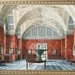 May include: A watercolour painting depicting a grand, ornate room with a high vaulted ceiling. The room is decorated with intricate mouldings and a patterned ceiling. The walls are a deep red colour, and the floor is a chequered pattern of black and white squares. There are several pieces of furniture in the room, including a large table with a vase in the centre.