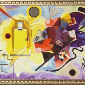 May include: Abstract painting with geometric shapes in shades of yellow, red, blue, black, and purple. The painting is framed in a gold frame.