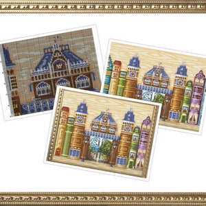 May include: A cross-stitch pattern featuring a colourful building with a blue roof and a row of houses with books for walls. The pattern is framed in a gold frame.