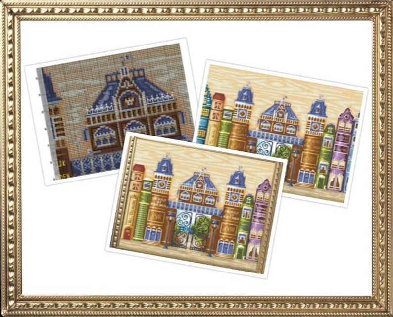 May include: A cross-stitch pattern featuring a colourful building with a blue roof and a row of houses with books for walls. The pattern is framed in a gold frame.