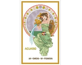 PDF Vintage Cross Stitch Pattern | Zodiac Sign Aquarius | Scheme Cross Stitch | ENGLISH