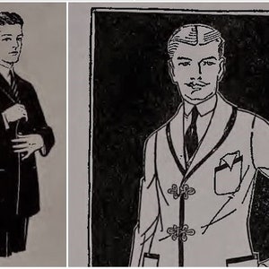 May include: Two black and white illustrations of men wearing different styles of jackets. The man on the left is wearing a dark suit jacket with a button closure. The man on the right is wearing a white jacket with a dark collar and buttons.