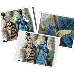 May include: Two women in 19th-century clothing stand in a snowy landscape. One woman wears a blue dress with a white hat and the other wears a brown dress with a black hat. Both women are holding parasols.