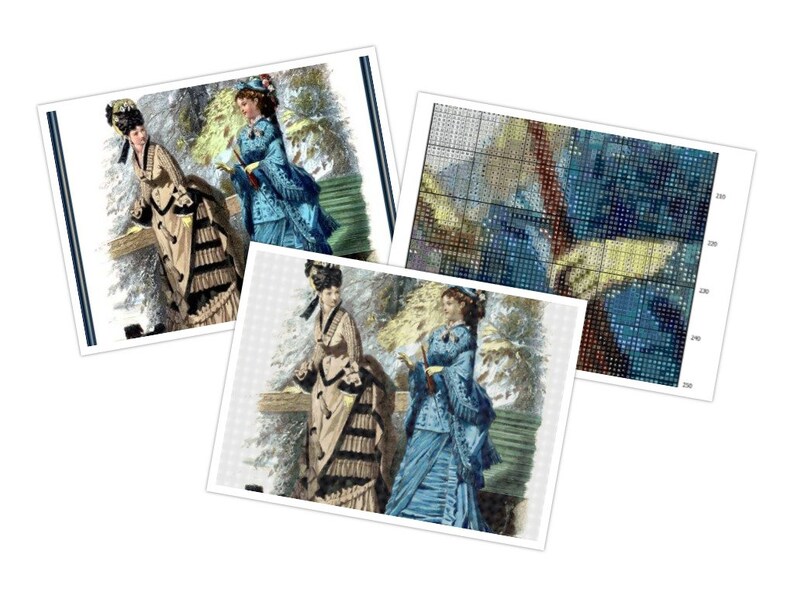 May include: Two women in 19th-century clothing stand in a snowy landscape. One woman wears a blue dress with a white hat and the other wears a brown dress with a black hat. Both women are holding parasols.