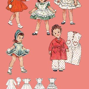 May include: Illustration of vintage children's clothing. The image features several dolls wearing dresses, coats, and hats in various styles. The color palette includes red, white, green, and blue, set against a pink background.