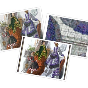 K&ouml;nnte beinhalten: Drei Bilder von Vintage-Modeillustrationen. Eines zeigt eine Frau in einer gr&uuml;nen Jacke und einem orangefarbenen Rock, ein anderes eine Frau in einem grauen Kleid mit lila Akzenten und ein Kind in einem schwarzen Kleid mit roten und wei&szlig;en Details. Das dritte Bild ist ein Kreuzstichmuster.