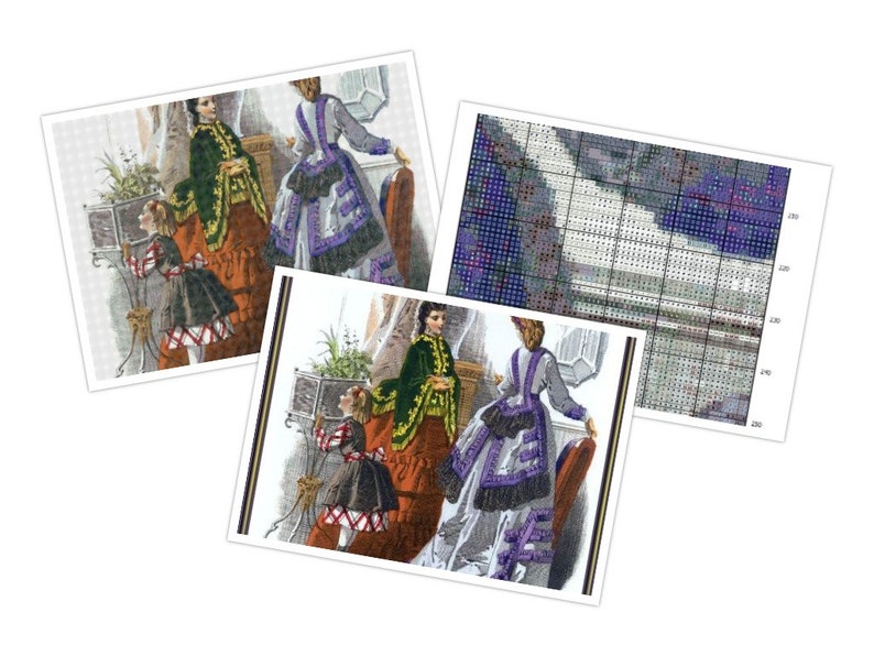 K&ouml;nnte beinhalten: Drei Bilder von Vintage-Modeillustrationen. Eines zeigt eine Frau in einer gr&uuml;nen Jacke und einem orangefarbenen Rock, ein anderes eine Frau in einem grauen Kleid mit lila Akzenten und ein Kind in einem schwarzen Kleid mit roten und wei&szlig;en Details. Das dritte Bild ist ein Kreuzstichmuster.