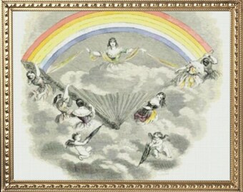 PDF Geteld Vintage Kruissteek Patroon | De Fan van Iris | J. J. Grandville 1844 | 3 Maten | Zeer gedetailleerd kruissteekpatroon