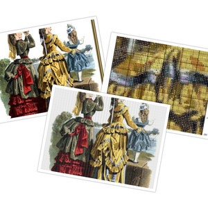 May include: Three women in vintage clothing stand on a stone ledge. The woman on the left wears a red and green dress with a large bow. The woman in the middle wears a yellow dress with blue trim. The woman on the right wears a blue dress. All three women are looking to the right.