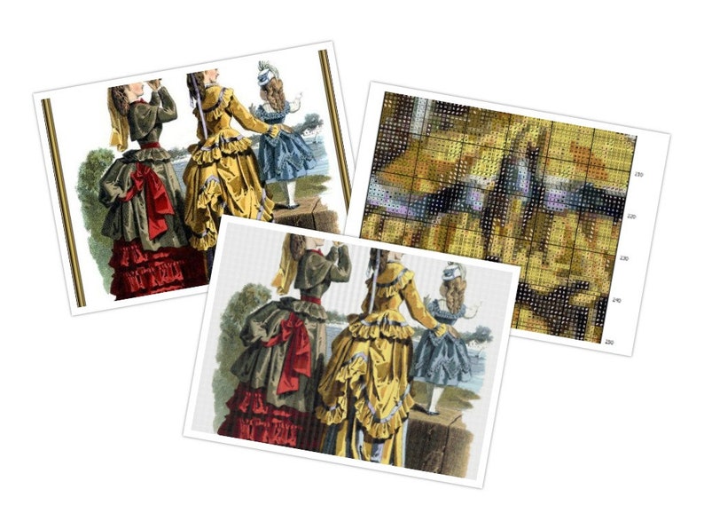 May include: Three women in vintage clothing stand on a stone ledge. The woman on the left wears a red and green dress with a large bow. The woman in the middle wears a yellow dress with blue trim. The woman on the right wears a blue dress. All three women are looking to the right.
