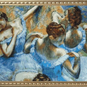 May include: A painting of three dancers in blue dresses. The dancers are in a soft, impressionistic style with a focus on their flowing movements.