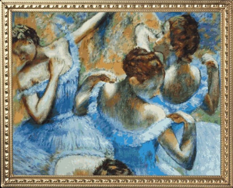 PDF Counted Vintage Cross Stitch Pattern | Blue Dancers | Edgar Degas 1897 | 4 Sizes | Highly Detailed Stitch image 1