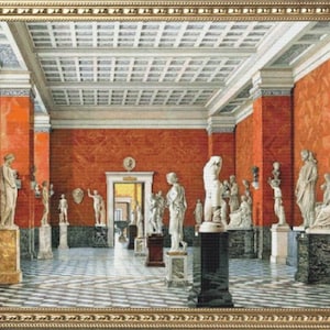 May include: A painting depicting a museum interior with a high ceiling and red walls. The museum is filled with classical statues on pedestals. The statues are made of white marble and are arranged in a symmetrical pattern.