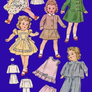 May include: A vintage paper doll image with various outfits and dolls. The dolls are shown in dresses, coats, and pyjamas. The colour scheme includes green, pink, yellow, and brown. The background is a solid blue.