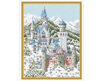 PDF Counted Vintage Cross Stitch Pattern | Neuschwanstein Castle | Winter | Scheme Cross Stitch Neuschwanstein Castle