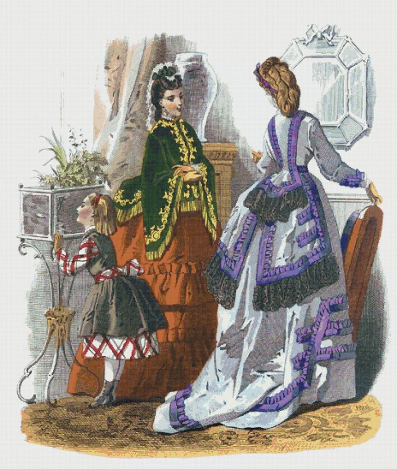 K&ouml;nnte beinhalten: Illustration von drei Figuren in historischer Kleidung. Eine Frau in einem wei&szlig;en Kleid mit lila Akzenten steht in der N&auml;he eines Stuhls. Eine andere Frau tr&auml;gt eine gr&uuml;ne Jacke &uuml;ber einem roten Kleid. Ein Kind in einem dunklen Rock und einem rot-wei&szlig; gestreiften Oberteil blickt nach oben.