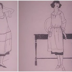 May include: Two illustrations of women wearing aprons. The woman on the left is standing next to a door and has her hand on the door handle. The woman on the right is standing next to a table and has her hand on a plate. Both women are wearing simple, sleeveless aprons with pockets.