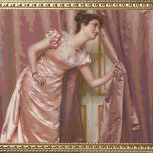 May include: A woman in a pink dress peeks from behind a pink curtain. She is wearing a pearl necklace and a bracelet. The background is a pink and white striped wall.