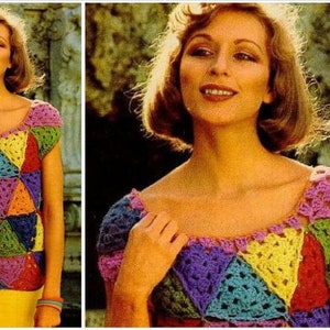 May include: A crochet top with a colorful geometric pattern. The top has short sleeves and a scoop neckline. The top is made of a variety of colors, including purple, green, yellow, and orange.