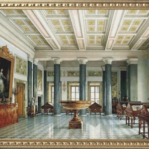 May include: A grand, ornate room with a high ceiling and a large, decorative fountain in the centre. The room is decorated with columns and arches, and there are several windows that let in natural light. The walls are painted a pale yellow, and the floor is covered in patterned tiles.