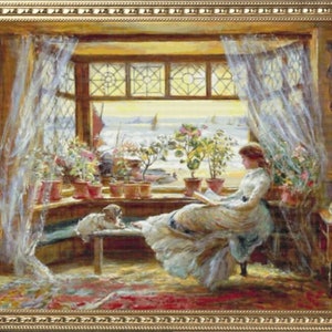 PDF Counted Vintage Cross Stitch Pattern | Reading by the Window | Charles James Lewis 1830-1892 | 4 Sizes | Highly Detailed Cross Stitch