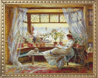 PDF Counted Vintage Cross Stitch Pattern | Reading by the Window | Charles James Lewis 1830-1892 | 4 Sizes | Highly Detailed Cross Stitch