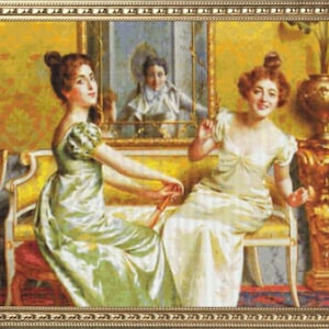 May include: A framed painting depicts two women in elegant gowns seated on a yellow sofa. The women are in a room with a mirror and a decorative gold vase. The painting has a gold frame.
