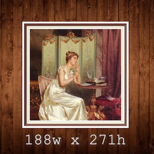 May include: A framed print of a classical painting. The artwork depicts a woman in a flowing white gown seated at a table, with a writing desk and a decorative screen in the background. The frame is brown, and the image is set against a wood-grain background.