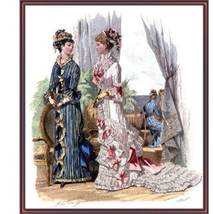 May include: Two women in elaborate dresses stand in a garden setting. One woman wears a blue and gold striped dress with a ruffled skirt. The other woman wears a white dress with pink and white ruffles and a lace trim.