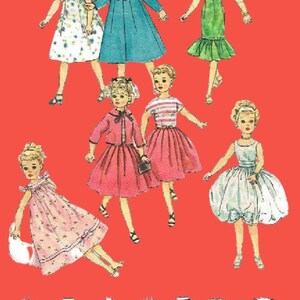 Puede incluir: Ilustración de muñecas de papel vintage con varios vestidos y atuendos, incluyendo un abrigo azul, un vestido verde y una falda rosa. Las muñecas están sobre un fondo rojo, con patrones de vestidos en la parte inferior.