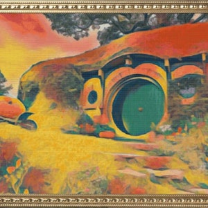 May include: A painting of a hobbit hole with a round green door. The door is surrounded by a stone archway and the house is made of stone and wood. The house is surrounded by a lush green lawn and trees. The sky is a vibrant orange and pink.