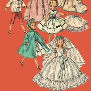 Pode incluir: Ilustração vintage de bonecas de papel em várias roupas, incluindo vestidos, casacos e um vestido de noiva. As bonecas são retratadas em um estilo retrô com designs de roupas detalhados, em um fundo laranja sólido.