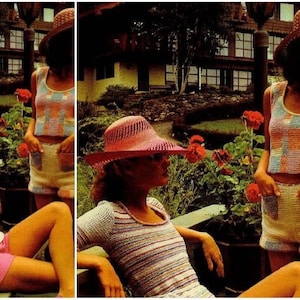 Może przedstawiać: Trzy kobiety w dzianinowych topach i spodenkach. Topy są w różnych kolorach, w tym różowym, niebieskim i białym. Spodenki są wszystkie białe. Kobiety noszą kapelusze, a dwie z nich siedzą na ławce. Kobiety się uśmiechają.