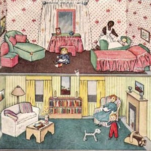 May include: A detailed illustration of a doll's house interior. The upper level shows a bedroom and a sitting area with green furniture and pink details. The lower level depicts a living room with a sofa, armchair, and fireplace. A child and a dog are in the living room.