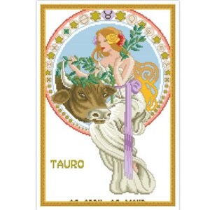 May include: A vintage-style illustration of the Taurus zodiac sign. A woman with long blonde hair sits on a bull, surrounded by a decorative circle with the word "TAURO" at the bottom.