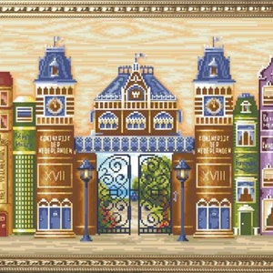 May include: A colourful illustration of a row of buildings with arched doorways and windows, resembling a street scene. The buildings are decorated with books and the text "KONINKRIJKE DER NEDERLANDEN" and "XVII".