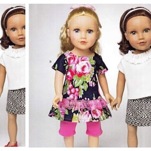 Könnte beinhalten: Zwei Puppen, die verschiedene Outfits tragen. Die Puppe links trägt ein Kleid mit Blumenmuster, rosa Leggings und ein weißes Shirt darunter. Die Puppe rechts trägt ein weißes Shirt mit Rüschenkragen und einen schwarz-weiß karierten Rock. Beide Puppen haben langes Haar und tragen Stirnbänder.