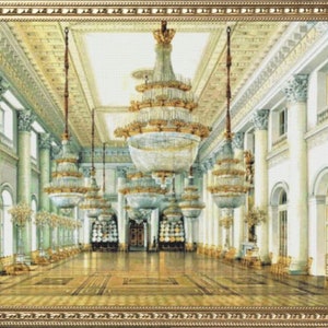 May include: A painting depicting a grand, ornate hall with high ceilings and multiple crystal chandeliers. The walls are white and the floor is a light brown marble. The hall is empty except for the chandeliers.