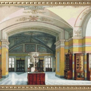 May include: A painting depicting a grand, ornate room with a high vaulted ceiling and decorative mouldings. The room is lined with bookshelves filled with books. The walls are painted in a pale yellow and white striped pattern.