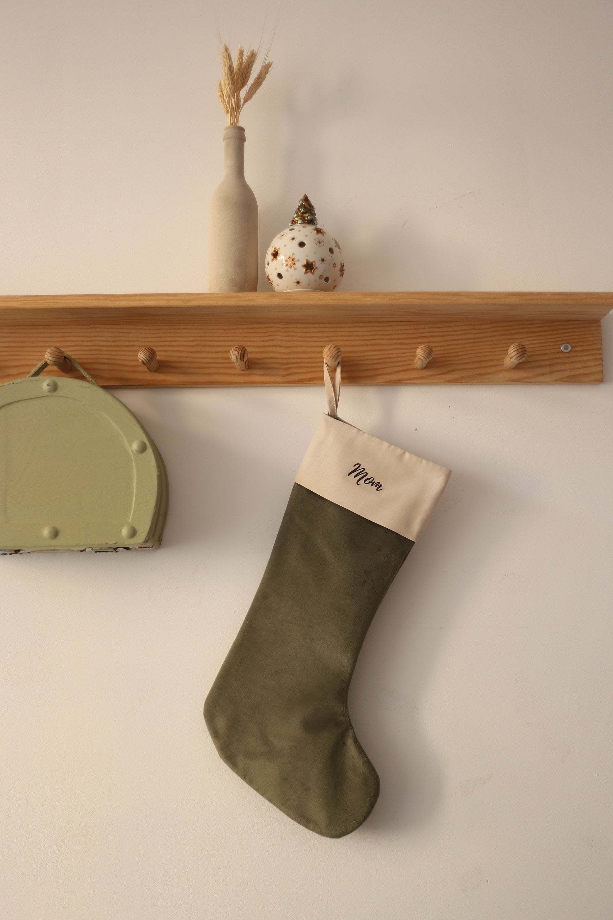Hera Olive Green Christmas Stocking With Word Personalized Velvet