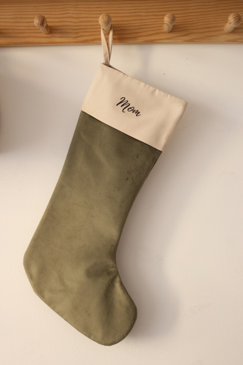 Hera Olive Green Christmas Stocking With Word Personalized Velvet