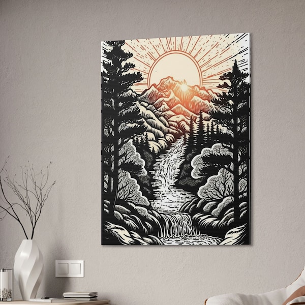 Black And White Canvas Wall Art Boho Sunset Mountain Landscape Art Living Room Wall Art | Nature Home Decor Canvas Print For Nature Lover