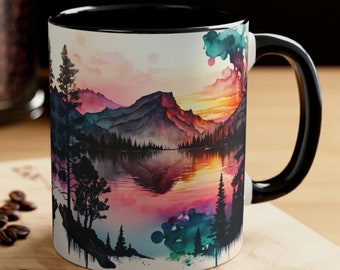 Mountain Sunset Mug, Colorful Cottagecore Gift, Nature Adventure Lover Mug, Mountain Nature Camping Gift, Mountain Lover Neon Watercolor Mug