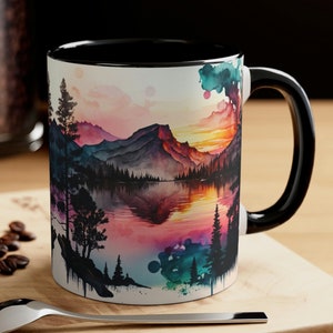 Mountain Sunset Mug, Colorful Cottagecore Gift, Nature Adventure Lover Mug, Mountain Nature Camping Gift, Mountain Lover Neon Watercolor Mug