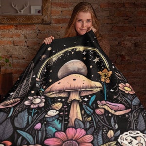 Mushroom Plush Blanket Moon Phases Gift For Grandma, Floral Velveteen Blanket Moon Decor Gift For Mom Starry Night Nature Blanket For Her