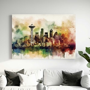 Colorful Seattle Skyline Canvas Print - Vibrant Watercolor Cityscape Wall Art - Modern Urban Decor - Available in Multiple Sizes