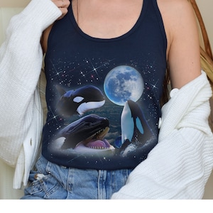 Three Orcas Vintage 90s Graphic Racerback Tank Top, Save The Whales PNW Orca Whale Tank Tops, Orca Lovers Summer Tank, Whale Lovers Gift