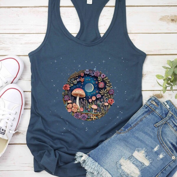 Floral Tank Top For Mushroom Lovers, Flower Mushroom Tank, Boho Yoga Tank, Magic Mushroom Tank, Nature Witch Moon Tank, Cottagecore Tank