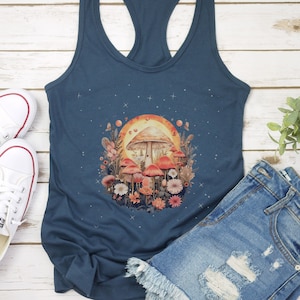 Floral Moon Mushroom Racerback Tank Top Gym Shirt Yoga Gift, Boho Adventure Art Summer Moon Phases Nature Hippie Wildflower Shirt For Her